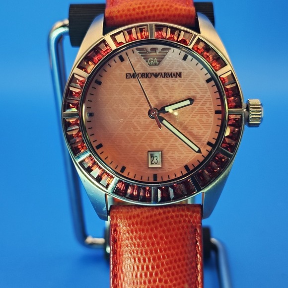 Vintage Emporio Armani 38mm Quartz Watch Red CZ Bezel Genuine Crocodile Leather - Picture 1 of 9
